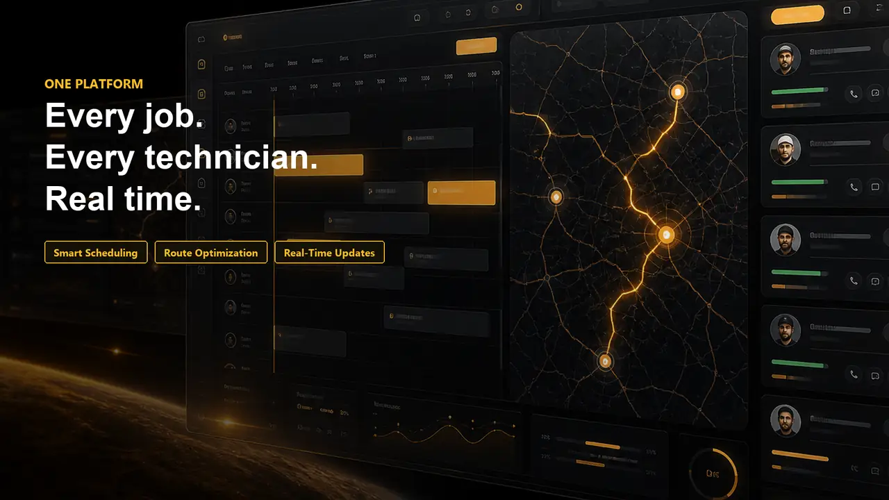Dispatch Pro platform showing scheduling, routes, and live technician status